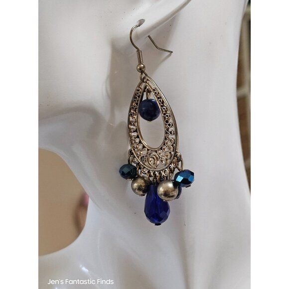 Vintage Style Teardrop Earrings With Blue & Gold Beads - Picture 4 of 4